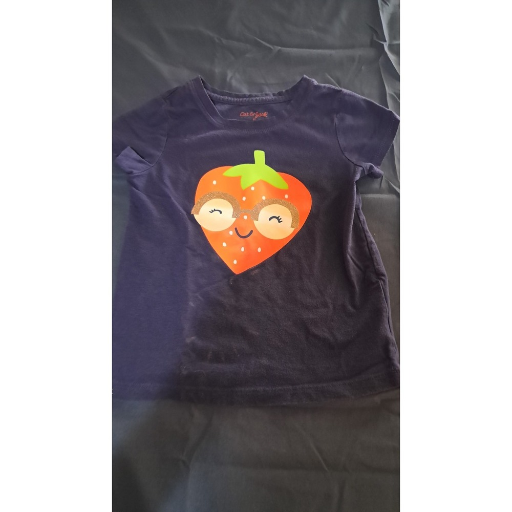 Cat & Jack T-Shirt Girls 5T Navy Blue Strawberry Graphic Glitter Tee